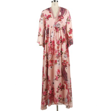 OEM Fashion Pink Print Long Sleeved Maxi Dresses With Bandage For Woman